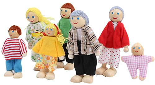 Aramox Casa delle Bambole Famiglia Figure di Bambole Set di Giocattoli in Miniatura, Accessorio per Casa delle in Legno di Pino con 7 Dal Corpo Morbido per Giochi di Ruolo per Bambini 1-7 Anni