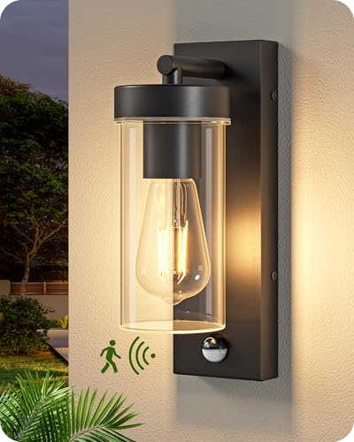 EDISHINE Applique da Parete Esterno con Sensore di Movimento, Alluminio, Sensore Crepuscolare, Attacco E27, IP44 Impermeabile per Porta d'Ingresso, Terrazza, Garage, Nera