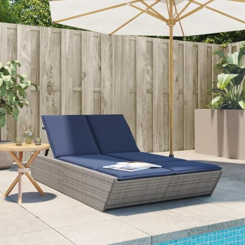 mtlskopl Double Outdoor Chaise Lounge 78.7 PE Rattan Adjustable Backrest Patio Sun Lounger with Cushions for 2, Grey Navy Blue Powder-Coated Frame Reclining Poolside Deck Garden Backyard