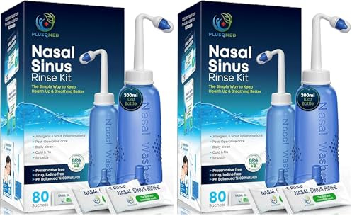 Nasal Rinse Kit – 300ml Neti Pot Bottle + 80 Saline Packets – Sinus Rinse System for Adults & Kids – Natural, Drug-Free, PH Balanced Nasal Wash for Allergy & Cold Relief (Pack of 2)
