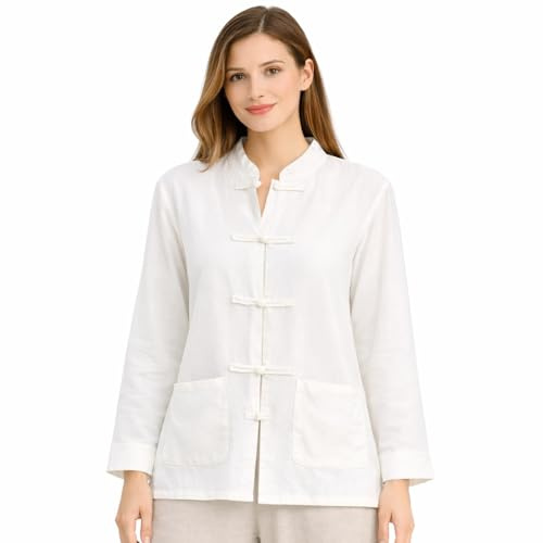Lazutom Women's Cotton Linen Frog Button Mandarin Collar Top Chinese Martial Arts Kung Fu Tai Chi Shirt Tunic White