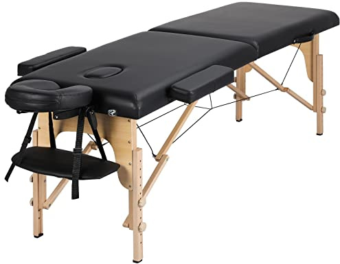 Yaheetech Portable Massage Table Folding Spa Beauty Bed Lightweight Tattoo Therapy Couch Wooden 60 cm Width 2 Section Black