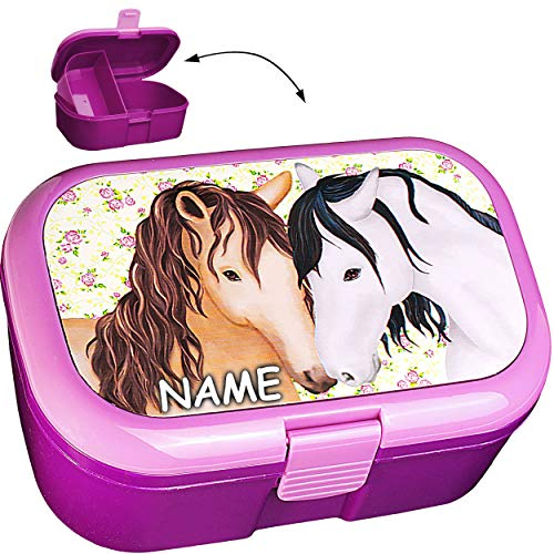 alles-meine.de GmbH Lunchbox/Brotdose - Pferde & Blumen - inkl. Name - BPA frei - mit extra Einsatz/herausnehmbaren Fach - Brotbüchse Küche Essen - für Mädchen Pferd - Ti..