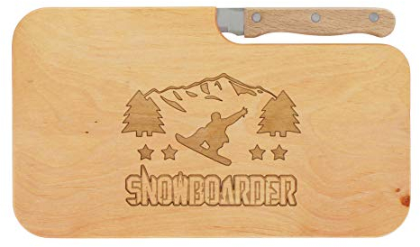 LASERHELD Wooden Bread Board with Engraving Snowboarder and Knife, 26 x 15 cm, Breakfast Board, Wooden Chopping Board, Snack Board, Gift for Snowboarders and Winter Sports Enthusiasts for Father's