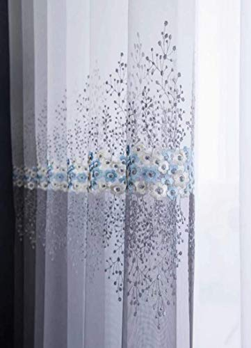 Lactraum Gardine Wohnzimmer Transparent Bestickt Farbverlauf Blau Blumen Voile mit Kräuselband 300 x 245 cm (BxH)