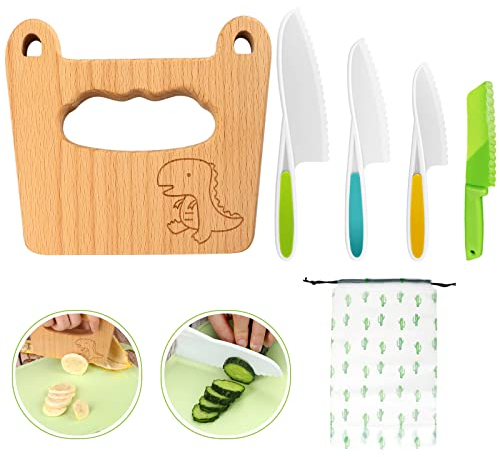 Goodchef Kit Couteau sécurité de Cuisine pour Enfants - 5 Pièces Couteau pour enfants pour la vraie cuisine des fruits et légumes pour les, enfants couteau de cuisine à partir de 2 ans (dinosaure)