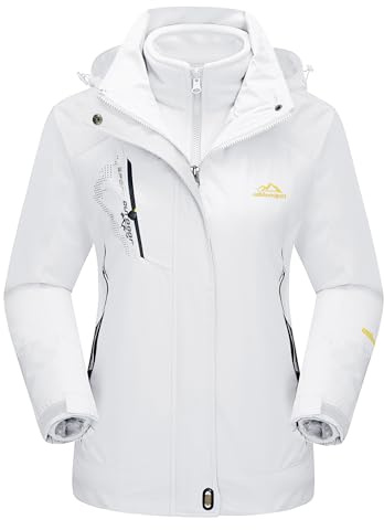 MAGCOMSEN Waterproof Jackets for Women 3 in 1 Jacket Winter Ski Jacket Fleece Lined Mountain Jacket Snow Hiking Jackets Pure White M