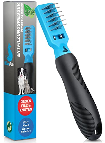 BluePet Profi Entfilzungskamm für Hunde und Katzen I Entfilzungshaken, Entfilzungsmesser, Entfilzungsharke Katze, Knoten Entferner Katze, Entfilzungskamm Hund, Entfernt Verfilzungen und Knoten