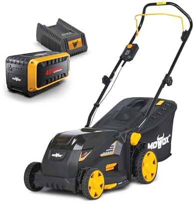 Tondeuse à Gazon sans Fil Mowox® EM 3440 PX-Li avec Batterie & Chargeur • Largeur de Coupe 34 cm • Sac de ramassage 35 l avec indicateur de Niveau