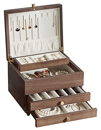 Homruilink Portagioie in legno, grande organizer per gioielli a 3 strati per donna, contenitore per collane, anelli, orecchini, orologi, bracciali, legno di noce nero, regali di Natale
