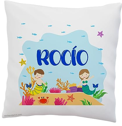 Cojín Sirena Tritón Fondo del Mar. Personalizado 40x40 cm, incluye relleno. Decoración Habitación infantil. Almohadón Colegio Guardería. VUELTA AL COLE