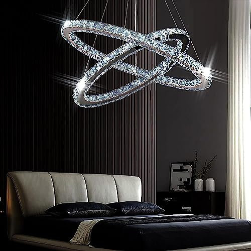 Finktonglan Moderne Kristall-Kronleuchter, LED Kronleuchter mit Fernbedienung, ovale Deckenleuchte, 2 Ringe, 56CM 32CM, Pendelleuchte für Wohnzimmer, Esszimmer (6500k weißes Licht)