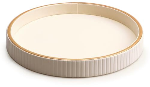 SANZIE Leather Desktop Storage Organizer Premium Serving Tray for Sundries, Cosmetics, Phone, Wallet, Cutlery - Decorative Valet Tray (White Disc)