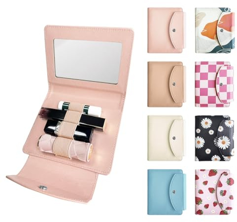 LAOTANGJIA PU Lipstick Case Holder with Mirror Holds 4pcs of Long Lipsticks Lipstick Holder Makeup Travel Cases Organizer Bag for Outside Mini Bag Pouch for Gift Women