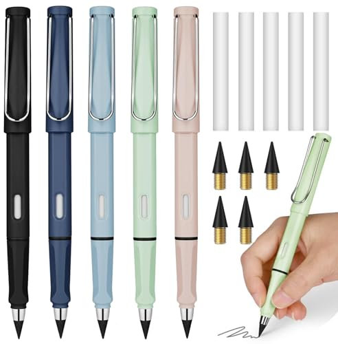 vgggrd 5 Stück Tintenlose Bleistifte mit 5 Pcs Wechselkopfm, Ewiger Bleistift mit Radiergummi, Infinity Pencil, Bleistifte Set für ab 3 Jahren Kinder und Erwachsene(5 Farben)
