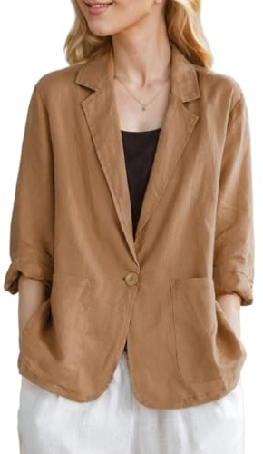 YOUNIFIZ Blazer en lin à manches 3/4 pour femme avec revers cranté et poches