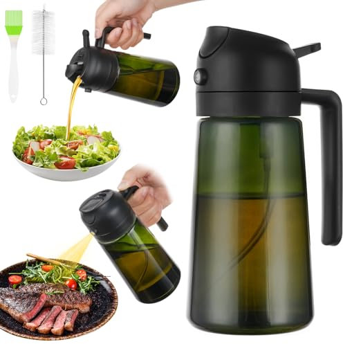 AMFUN 16oz/470ml Olive Oil Spray Bottle,2 in 1 Olive Oil Dispenser Bottle,Light-Blocking Dark Oil Sprayer for Cooking,Air Fryer, BBQ,Kitchen Use,Light Blockage (Black)