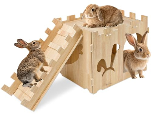 YUEPET Large Wooden Rabbit Castle with Ramp, Rabbit Pig Hideout Detachable Bunny House Indoor Small Animal Houses & Habitats for Adult Bunny Guinea Pig Chinchilla Hide Rest Play