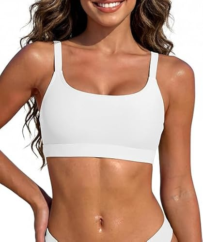 Zando Bikini Tops for Women UK Adjustable Shoulder Straps White Bikini Top Sports Swim Bra Beach Bathing Suits Plain Scoop Neck Women's Bikini Tops, White-Flat, M