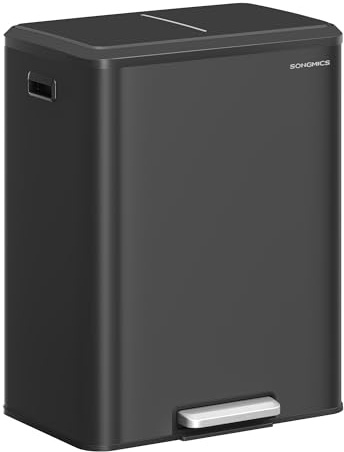 SONGMICS Trash Can, 2 x 8 Gallon (2 x 30 L) Double Garabge Can for Recycling and Waste, Stainless Steel, Soft-Close Lid, Inner Buckets, Wide Sturdy Pedal, Ink Black ULTB556B01