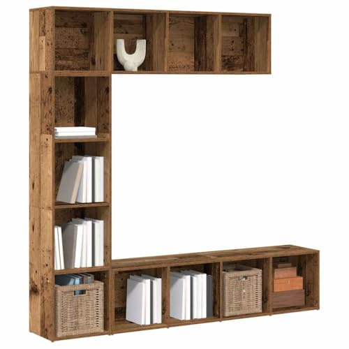 WKIEQACO Book Cabinets 3 pcs Old Wood Engineered WoodShelving Bookcases & Standing Shelves