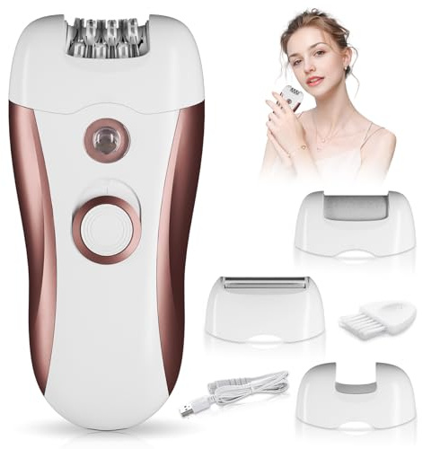 Epilator for Women Cordless & Rechargeable - 4 in 1 Epilators with Lady Shaver & Foot File - 2 Speeds Wet & Dry Electric Razor for Women - Hair Removal Device for Face Legs Arms Armpit Bikini