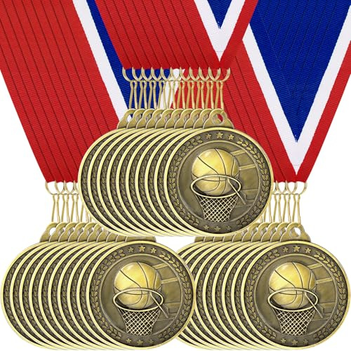 30 medaglie d'oro per bambini, 5 cm, in metallo, con nastri per il collo, set di medaglie dorate per trofeo olimpico per sport, scuola, competizioni, bomboniere, regalo per vincitori (pallacanestro)