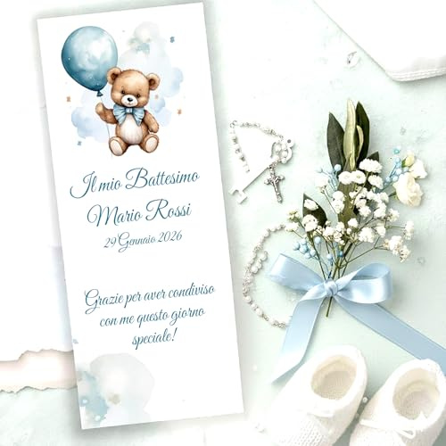 Mr Pubblicita - Stampa Inclusa - 60 Segnaposto Bomboniere Personalizzati per Battesimo, Primo Compleanno, Nascita - Bimbo Bimba (Teddy Boy)