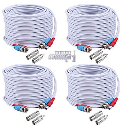 SANSCO 4 Pack 30M/100ft Video Power Cables, BNC Extension Replacement CCTV Surveillance Camera Cable for DVR Security System Kit, Free BNC RCA Connectors and (100pcs) Cable Clips Included, White