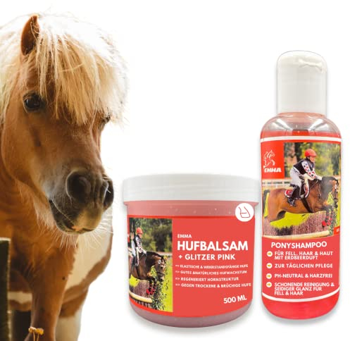 EMMA Pferdeshampoo I Pflege Set Pony I Pferde Shampoo Fell Mähne Schweif Pink & Duft I Huffett für Pferde gelb I Hufbalsam für Pferde I Pferde Mädchen Geschenk I Pferdepflegeset für Kinder 2tlg