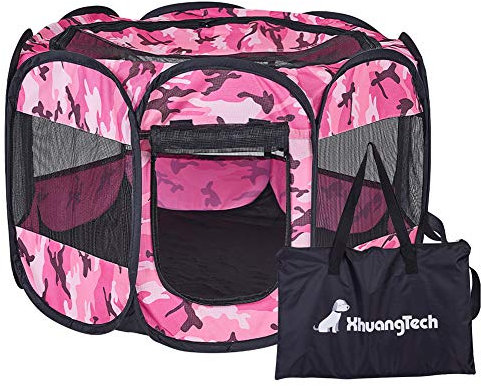 XianghuangTechnology Soft Fabric Portable Foldable Pet Dog Cat Puppy Playpen, Indoor/Outdoor use Pet Kennel Cage (Camouflage Pink)