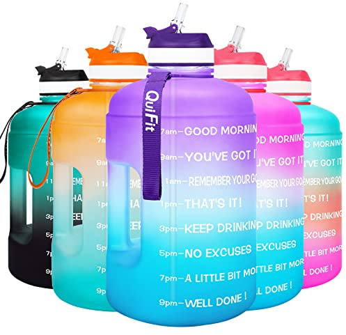 QuiFit 3.78 Litre Motivational Water Bottle - with Straw & Time Marker,Wide Mouth,BPA Free,Reusable,Ideal for Gym,Outdoor Sport,Home & Office (Purple/Blue Gradient, 3.78 Liter)