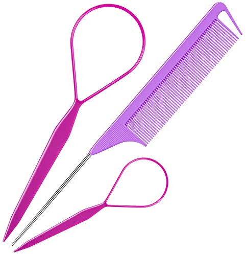 TsMADDTs 3Pack Hair Loop Tool Set with 2PCS French Braid Tool Loop 1PCS Rat Tail Comb Metal Pin Tail Braiding Comb for Hair Styling, Purple