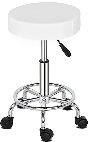 Bonnlo Tabouret de Massage, Tabouret à Roulettes, Hauteur Réglable et Rotation à 360°, pour Salon de Coiffure, Salon de Beauté, Spas et Bureaux (Sans Dossier, Blanc)