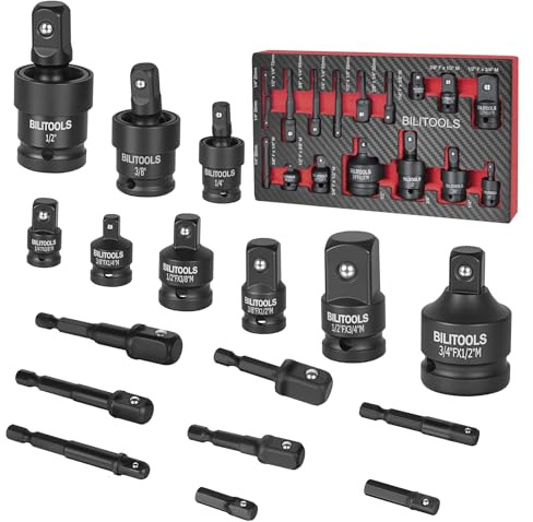 BILITOOLS Socket Adapter Set 17 Piece includes Reducer, Universal Joint Socket Set, Drill Adapter 1/4 3/8 1/2