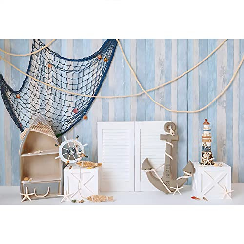 Aoihrraan 3x2,5m Náutica Ancla Telón De Fondo Azul Bebé Madera Tablero Blanco Férula Red De Pesca Timón Torre De Luz Barco Fondo Fotografía Bebé Ducha Marinero Niños Cumpleaños Cabrito Retrato Foto