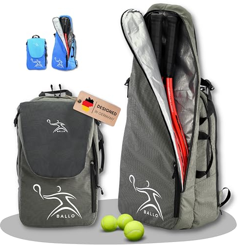 BALLO® Tennisrucksack Tennistasche [NEUHEIT] Schlägertasche Rucksack Tasche Tennis Badminton | Damen Herren mit Schuhfach & geschlossenem Schläger Fach Farbe Grau