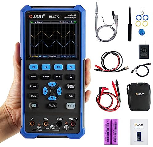 OWON HDS272 Handheld Oscilloscope, 70MHz Bandwidth 2 in 1 Digital Multimeter Oscilloscope, 20000 Counts with 2 Channel USB Type C and 3.5 Inch LCD Display (oscilloscope+multimeter)