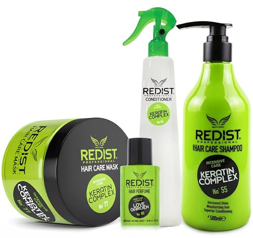 Redist Kit de cuidado del cabello de queratina – Champú 500 ml + mascarilla para el cabello 475 ml + acondicionador 400 ml + perfume para el cabello 50 ml Love Garden | Reparación, fuerza y brillo |
