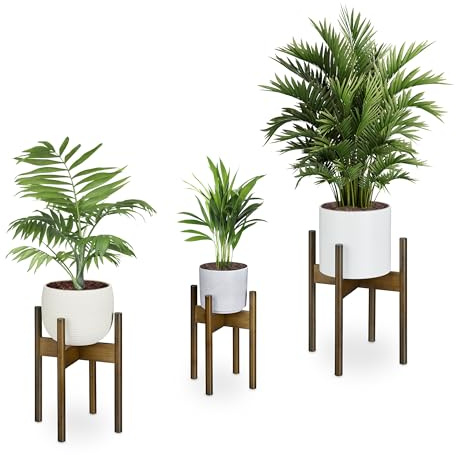 Relaxdays Bambu Växtställ set med 3 st, blomkrukor inomhus, blomkrukor D 20/25/29 cm, blomkrukshållare, brun