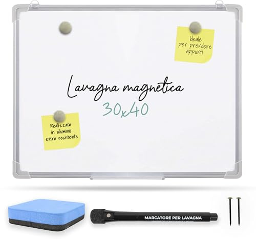 Lavagna Cancellabile Magnetica Bianca Con Cornice In Alluminio Di 40x30 Cm Ideale Per Ufficio, Casa, Scuola + Accessori: 1 Pennarello (Nero) + Cancellino + 2 Magneti + 2 Chiodi.