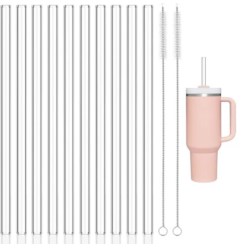 Realjoy 10Pcs Reusable Glass Straws, Replacement Straw for Stanley Cup 30/40oz, 30cm Long Glass Straw with 2 Cleaning Brushes, Clear Straw for Stanley 30/40oz Adventure Tumbler(10 Straight)