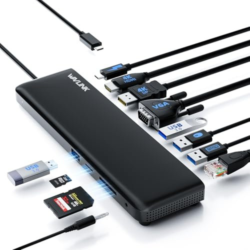 WAVLINK USB-C-Dockingstation 3 Monitore, Dockingstation mit HDMI, DP, VGA, 100W PD, USB3.0&2.0, RJ45, SD/TF-Schlitze, Audio/Mikrofon, für Lenovo/HP/Dell usw.-Schwarz