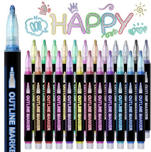 Hmeuest Glitter Pens, 24 Colours Outline Marker Pens, Metallic Glitter Markers with Double Line for Gift, Art Supplies, Scrapbook, Christmas Gifts