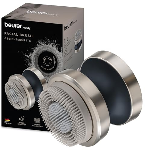 Beurer FC 59 Dual Electric Face Brush for Deep Pore Cleansing, 3 Attachments (Silicone, Sensitive, Exfoliation), 2 Intensity Levels, Waterproof, with Battery, Face Care Device for All Skin Types