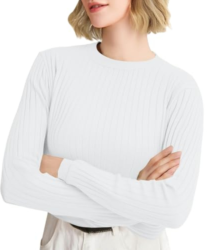 PODOLIXIA Jersey de mujer otoño cuello redondo manga larga ajuste slim otoño suéter punto elegante camisetas de una sola pieza suéter de punto casual suéter de punto fino mujer suéter, Blanco, XL