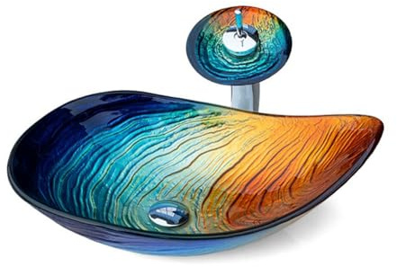 Lavandino da appoggio artistico - Lavandino da appoggio for bagno blu, lavabo in vetro temperato con rubinetto e scarico, lavabo for mobiletto del bagno