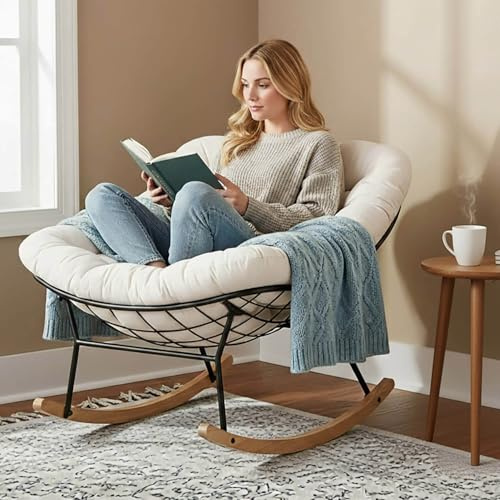 ABATIA Cotton Rocking Chair Nursery Saucer Glider Rocker Papasan Upholstered Accent Armchair Comfy Nursery Rocking Chairs for Living Room Bedroom (Ivory)