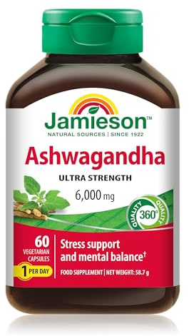 Jamieson Ashwagandha Ultra Strength 6,000 mg, Improves Resistance to Stress, Helps Mental Balance & Emotional Stability, Supports Learning & Memory. No Artificial Flavours. One Per Day, 60 Capsules