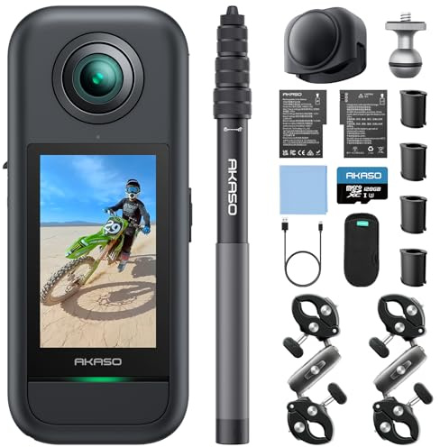 AKASO 360 Camera Motorcycle Combo, 360° Action Camera with 5.7K 360° Video, 72MP Photo, SuperSmooth Stabilization, Horizon Lock, AI Tracking, Invisible Selfie Stick, Touchscreen, 128GB microSD Card